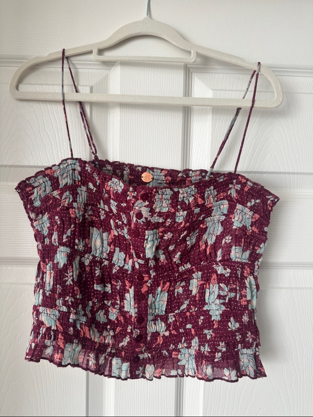 free people Floral Smocked Spaghetti-Strap Crop Top - Burgundy